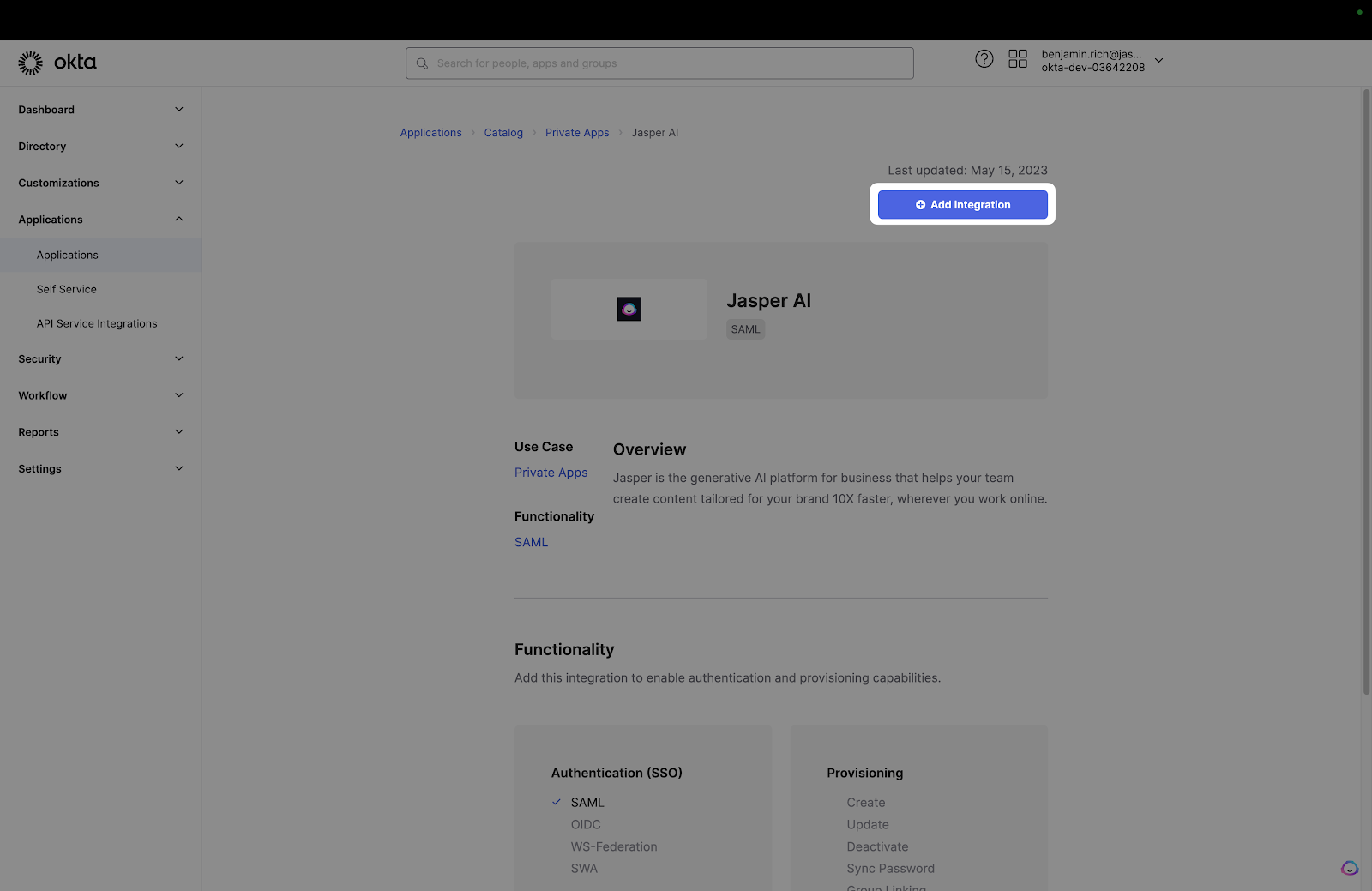 A screenshot showing where to select the Jasper AI app in the Okta dashboard.