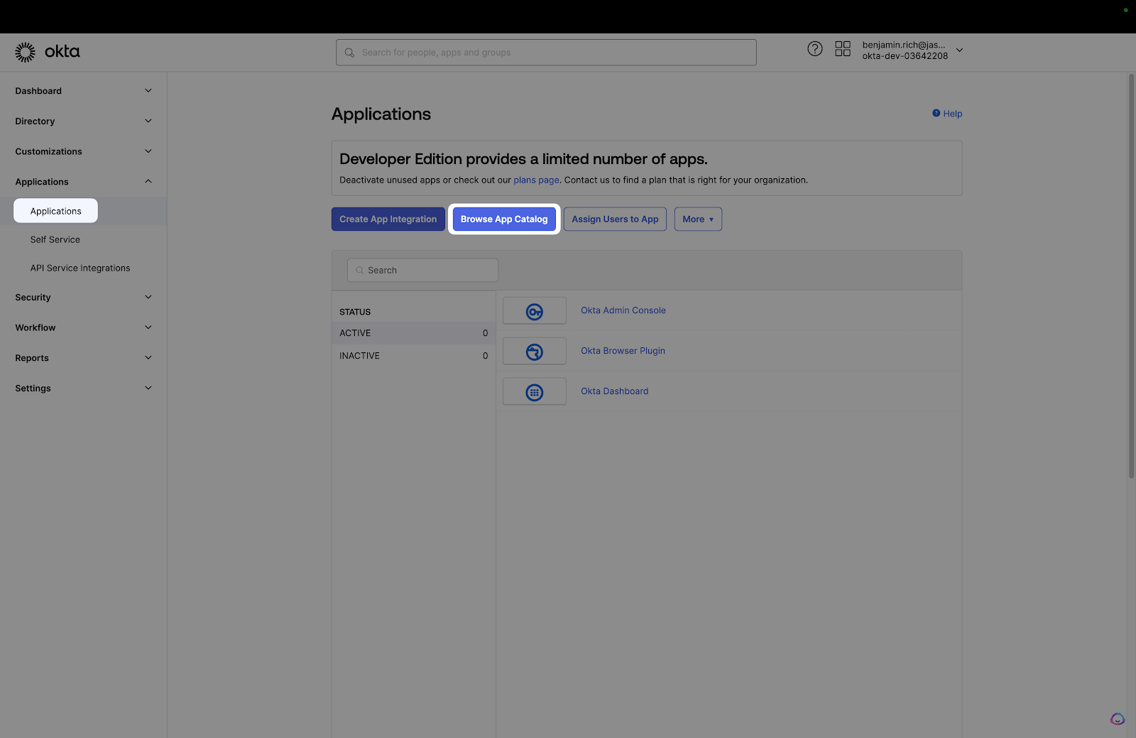 A screenshot showing where to select 'Applications' and 'Browse App Catalog' in the Okta dashboard.