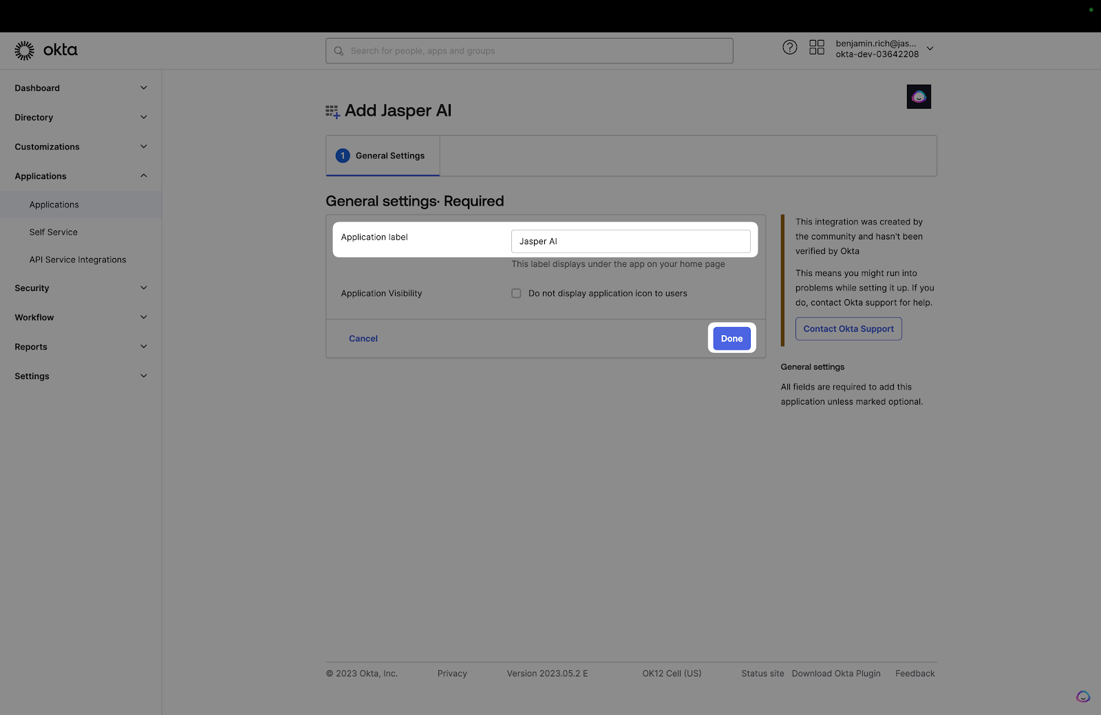 A screenshot showing where to add the label for the app in the Okta dashboard.