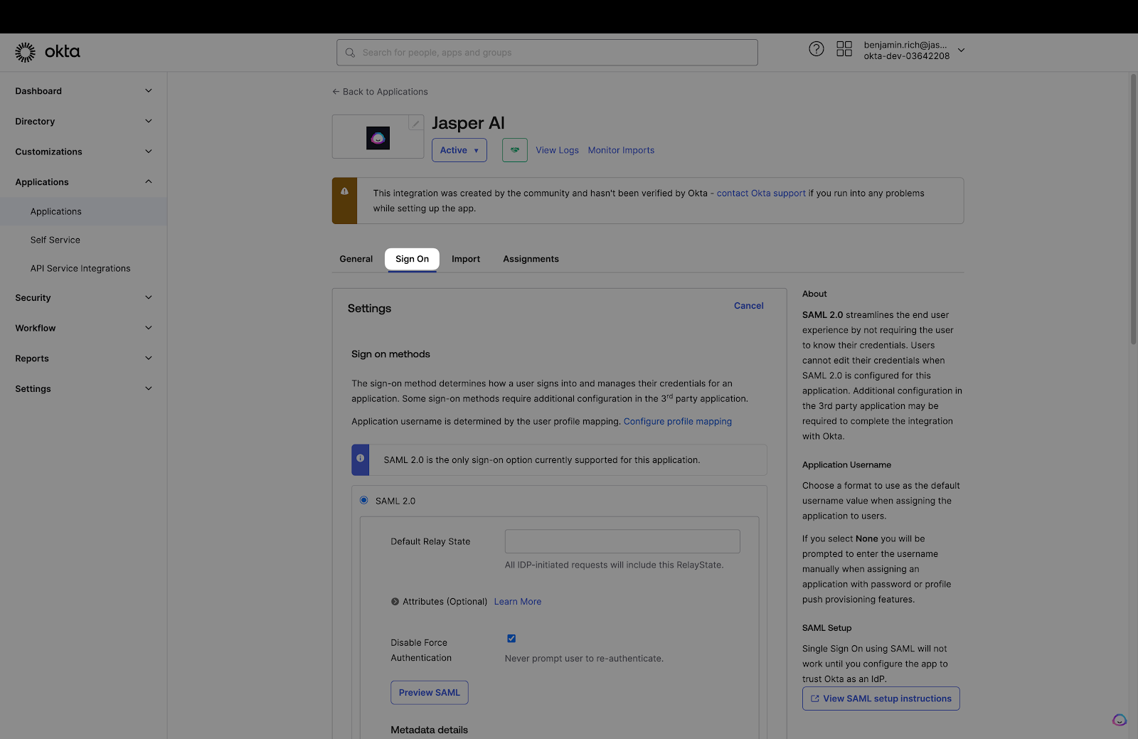 A screenshot showing where to edit the app settings in the Okta dashboard.