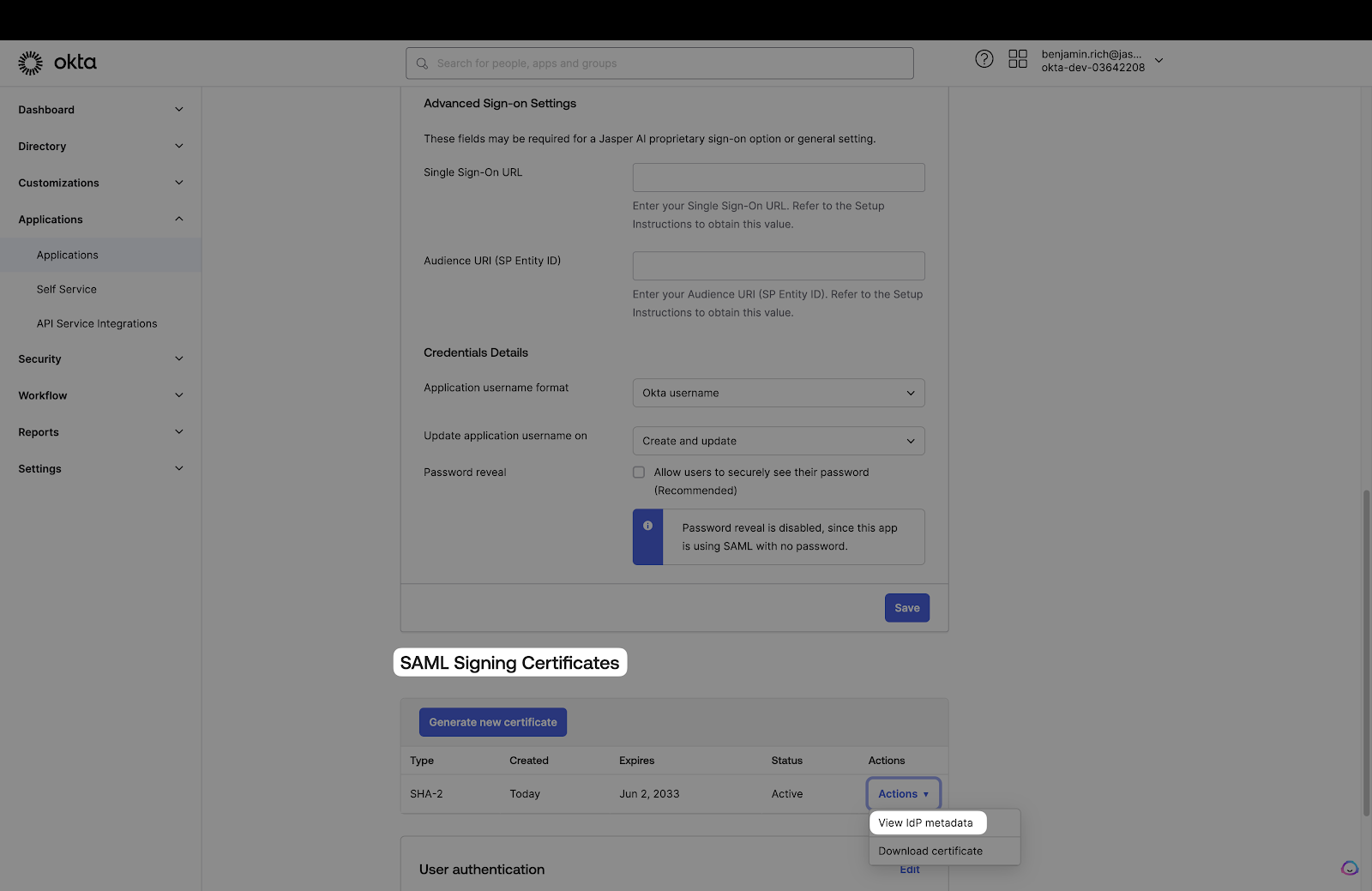 A screenshot showing how to obtain the 'Metadata URL' from the Okta dashboard.