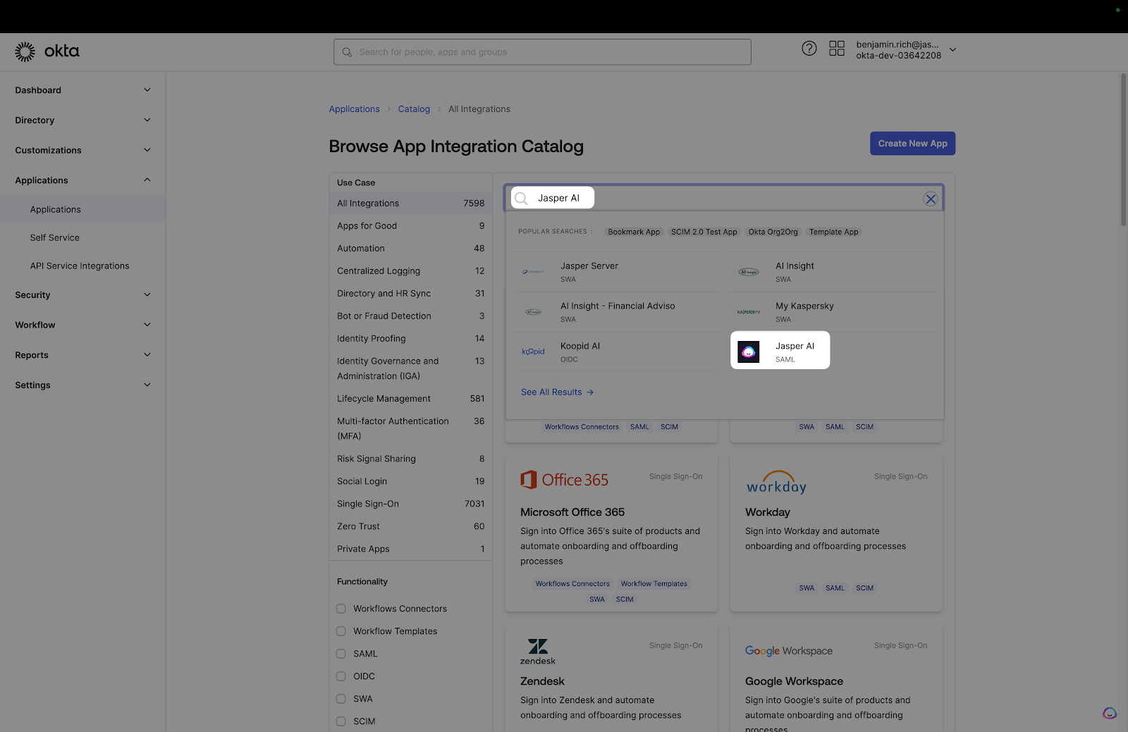 A screenshot showing where to select the Jasper AI app in the Okta dashboard.