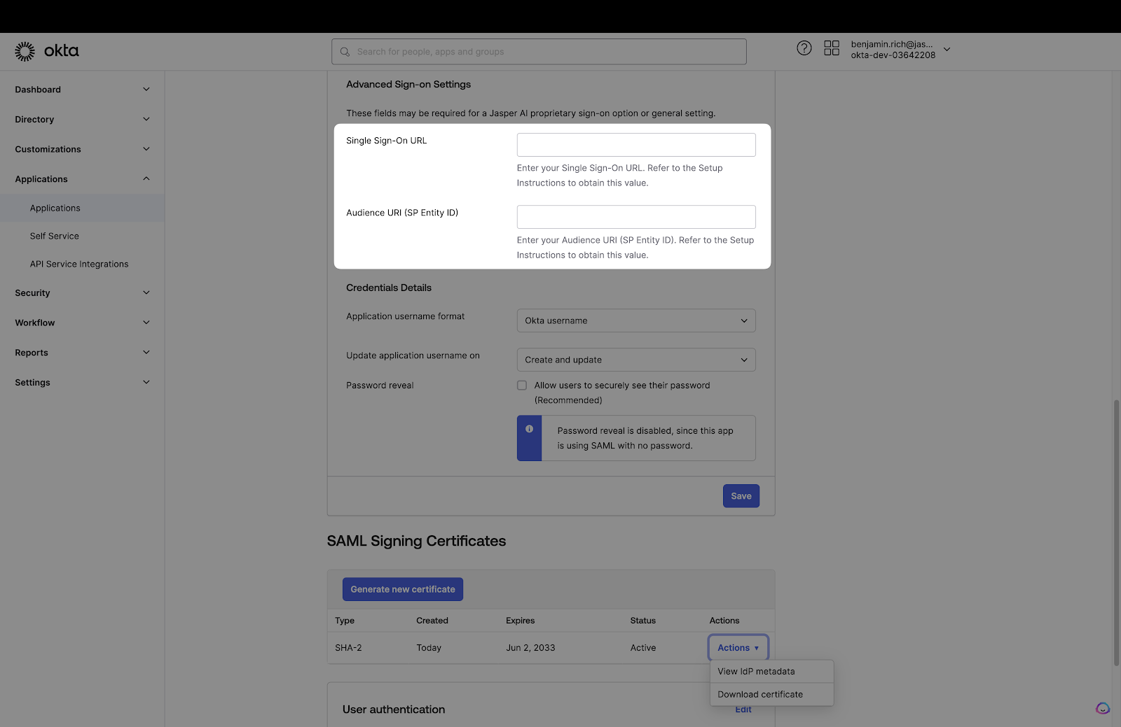 A screenshot showing where input the Single Sign-On URL and Audience URI in the Okta dashboard.
